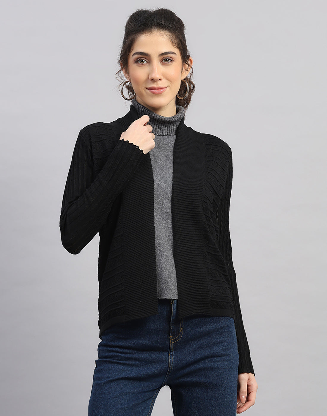 Women Black Self Design Front Open Full Sleeve Winter Top