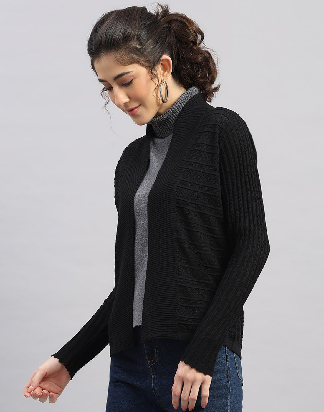 Women Black Self Design Front Open Full Sleeve Winter Top