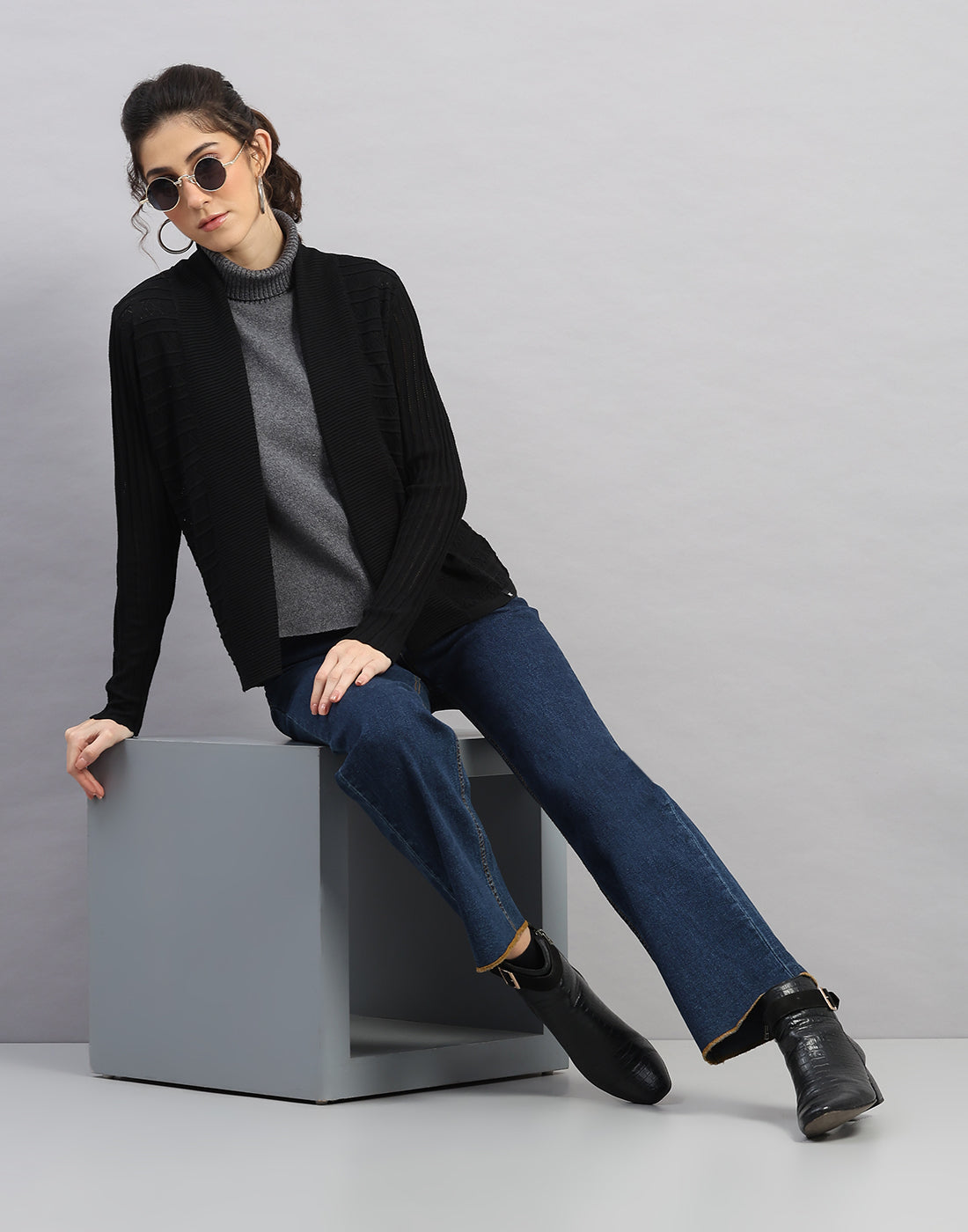 Women Black Self Design Front Open Full Sleeve Winter Top