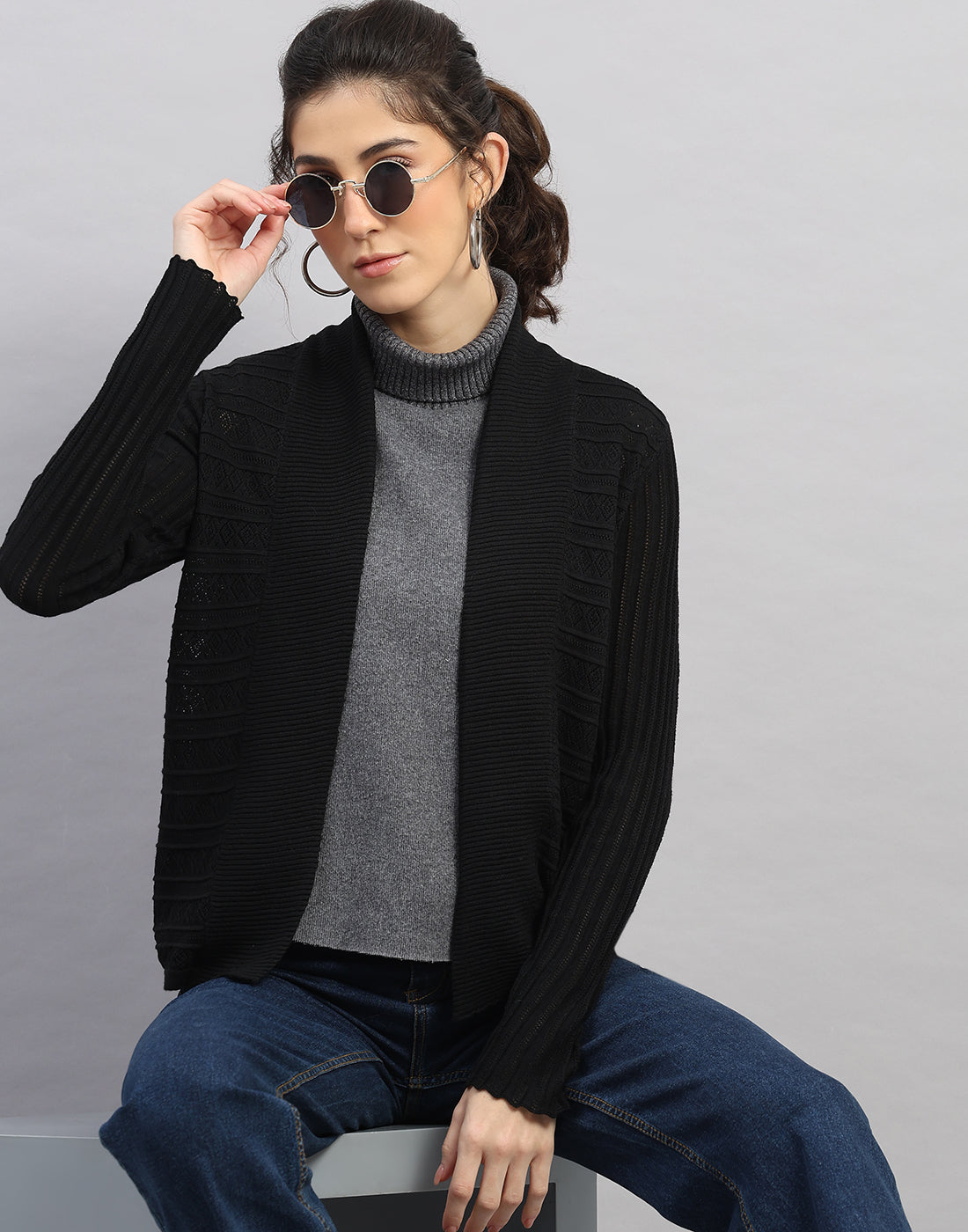 Women Black Self Design Front Open Full Sleeve Winter Top