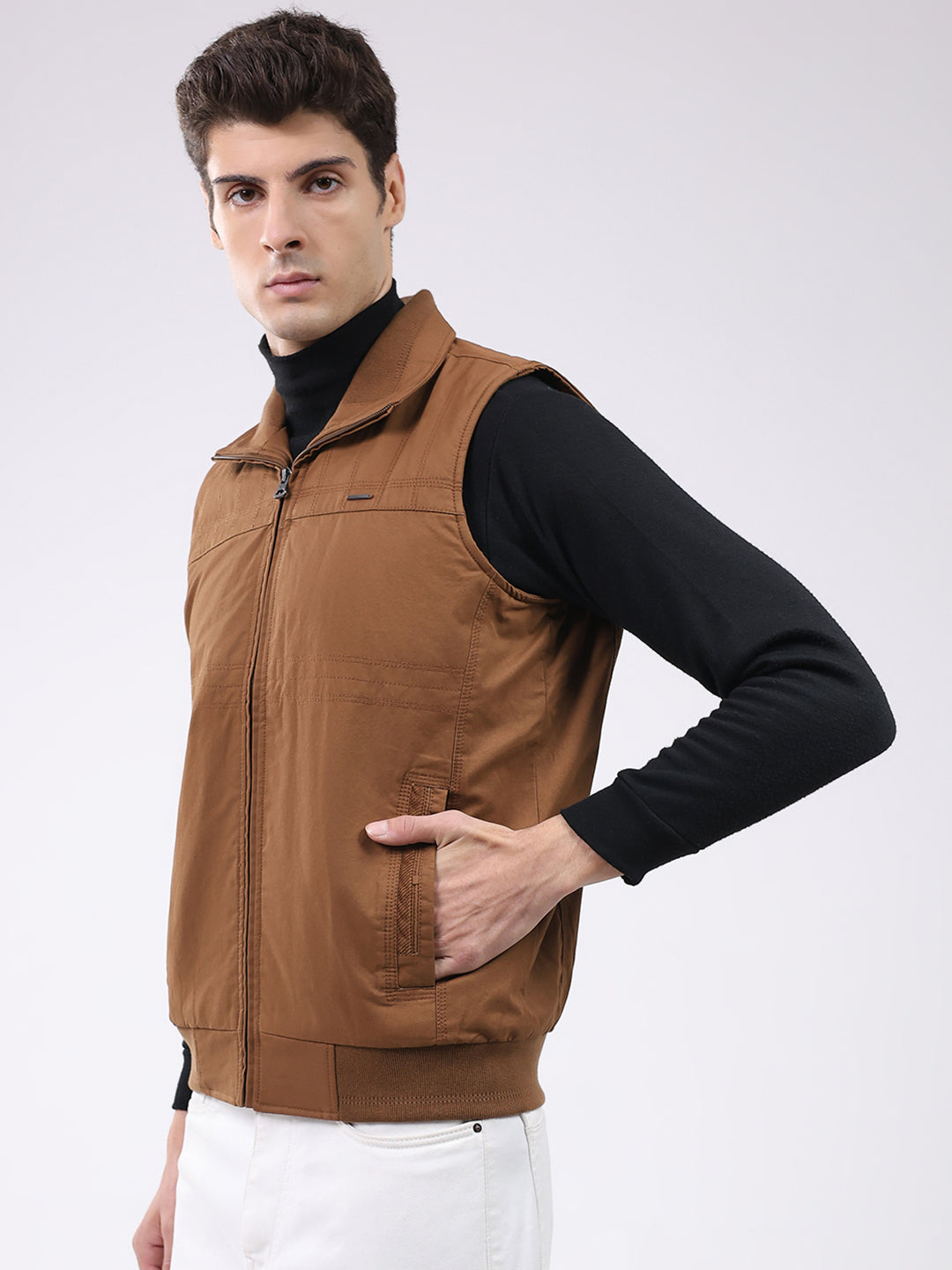 Men Brown Solid Collar Sleeveless Jacket