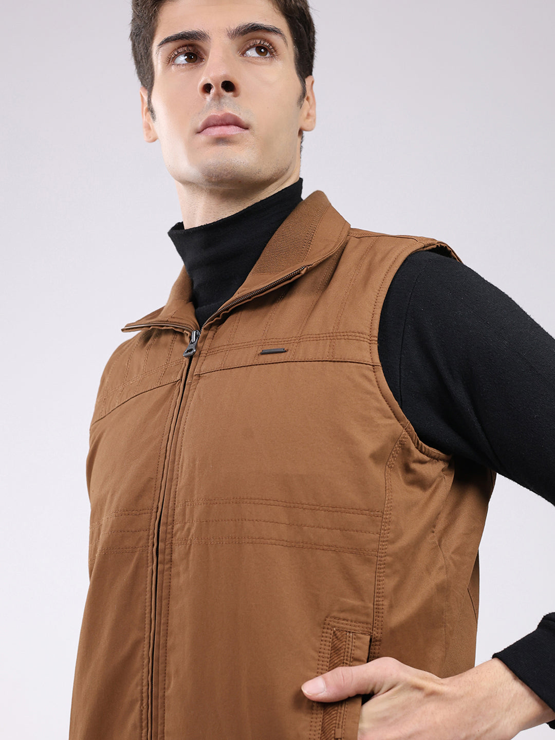Men Brown Solid Collar Sleeveless Jacket
