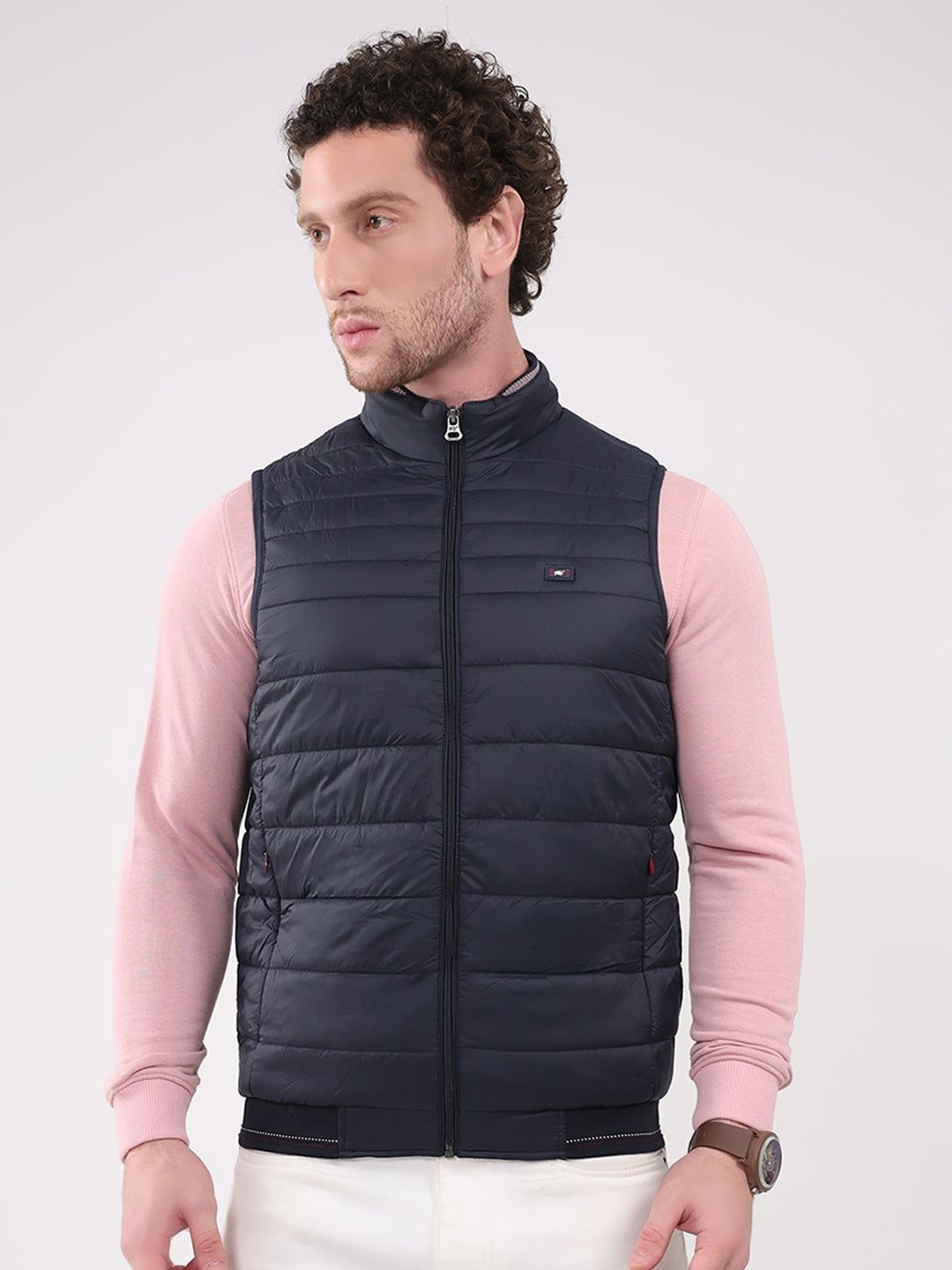 Men Navy Blue Solid Collar Sleeveless Jacket