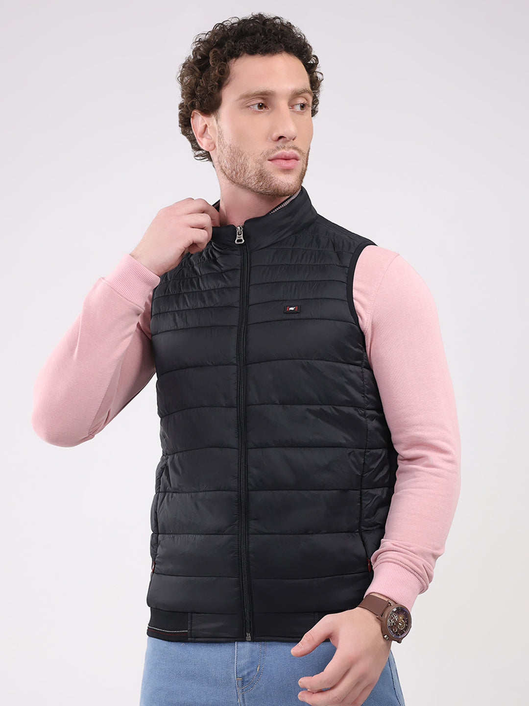 Men Black Solid Collar Sleeveless Jacket