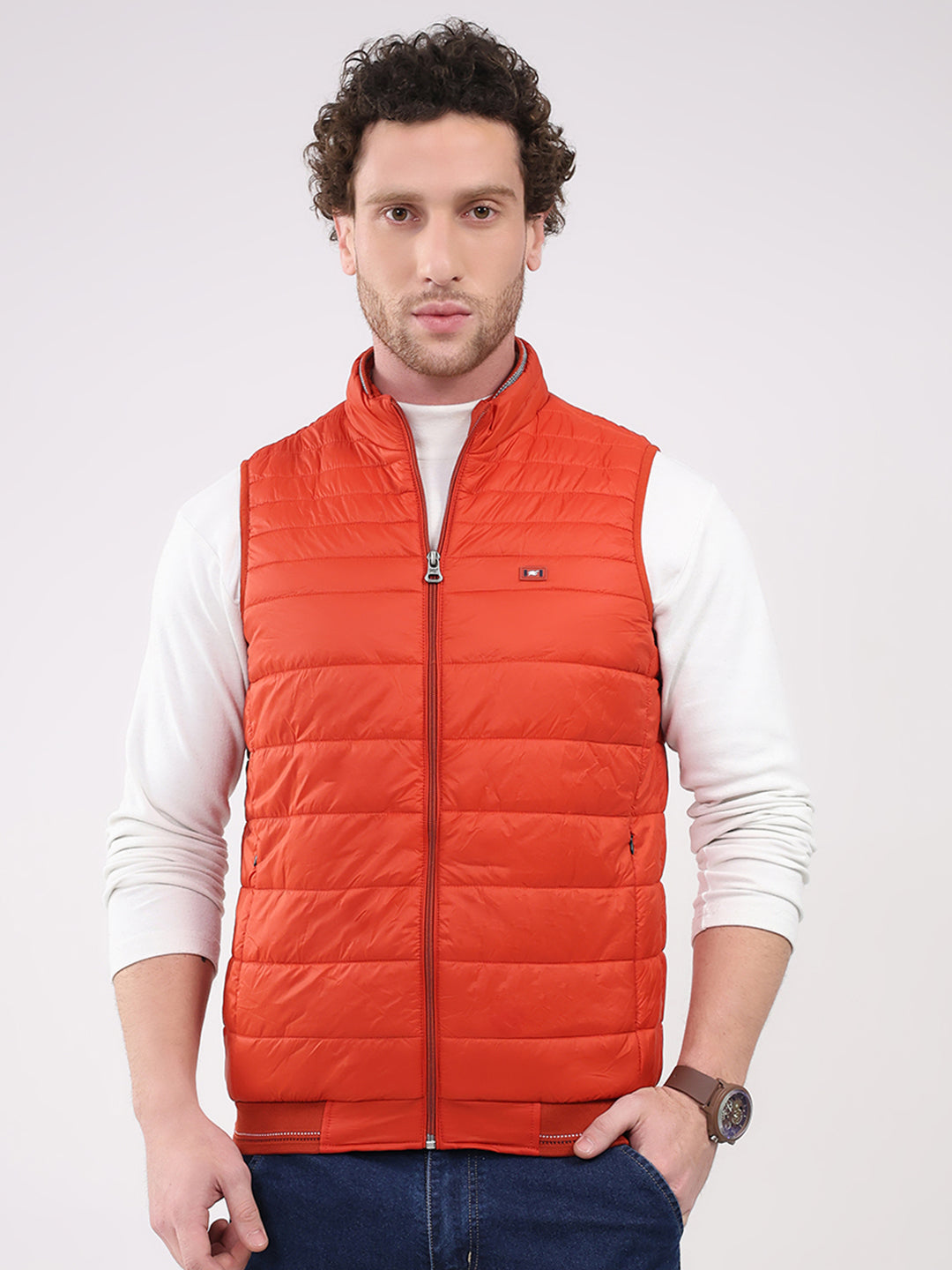 Men Orange Solid Collar Sleeveless Jacket