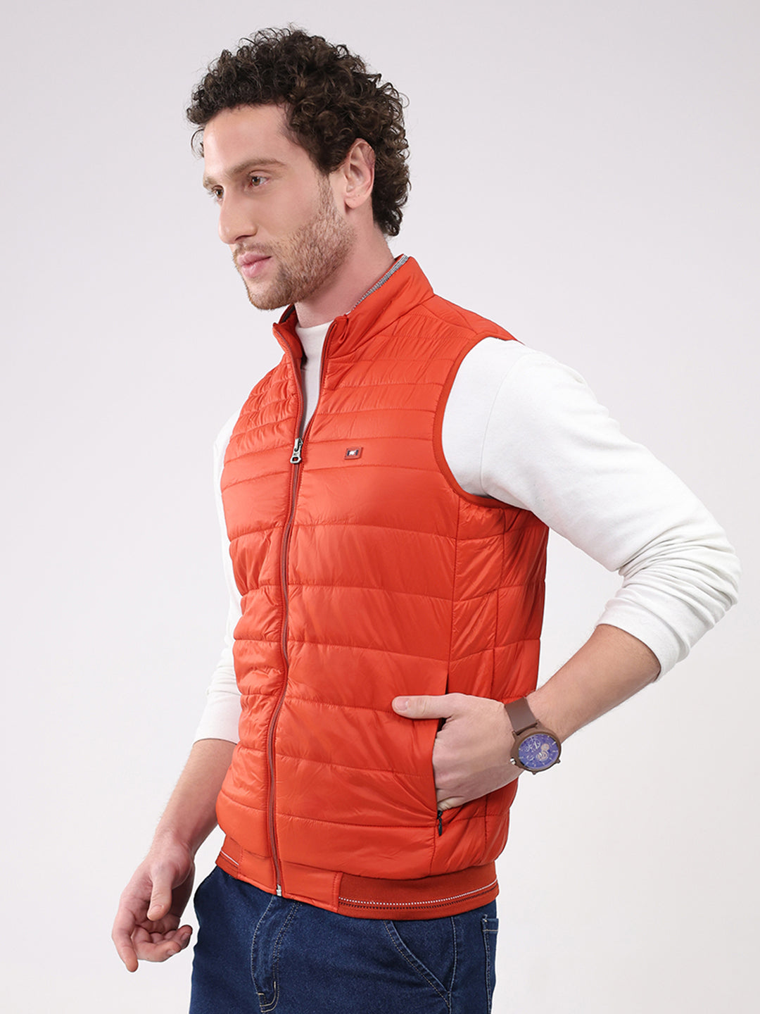 Men Orange Solid Collar Sleeveless Jacket