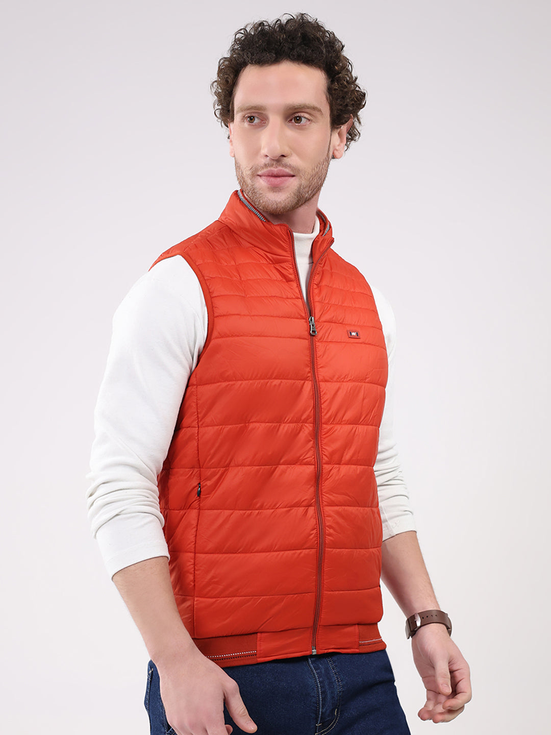 Men Orange Solid Collar Sleeveless Jacket