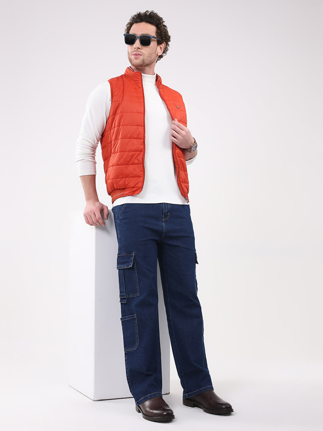 Men Orange Solid Collar Sleeveless Jacket