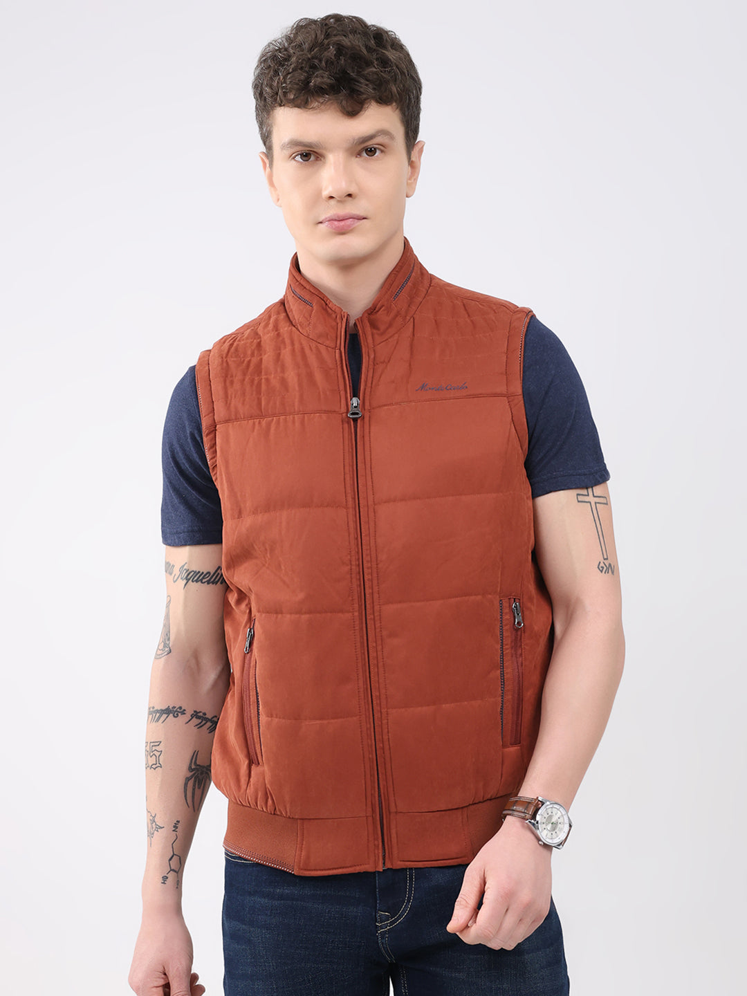 Men Rust Solid Collar Sleeveless Jacket