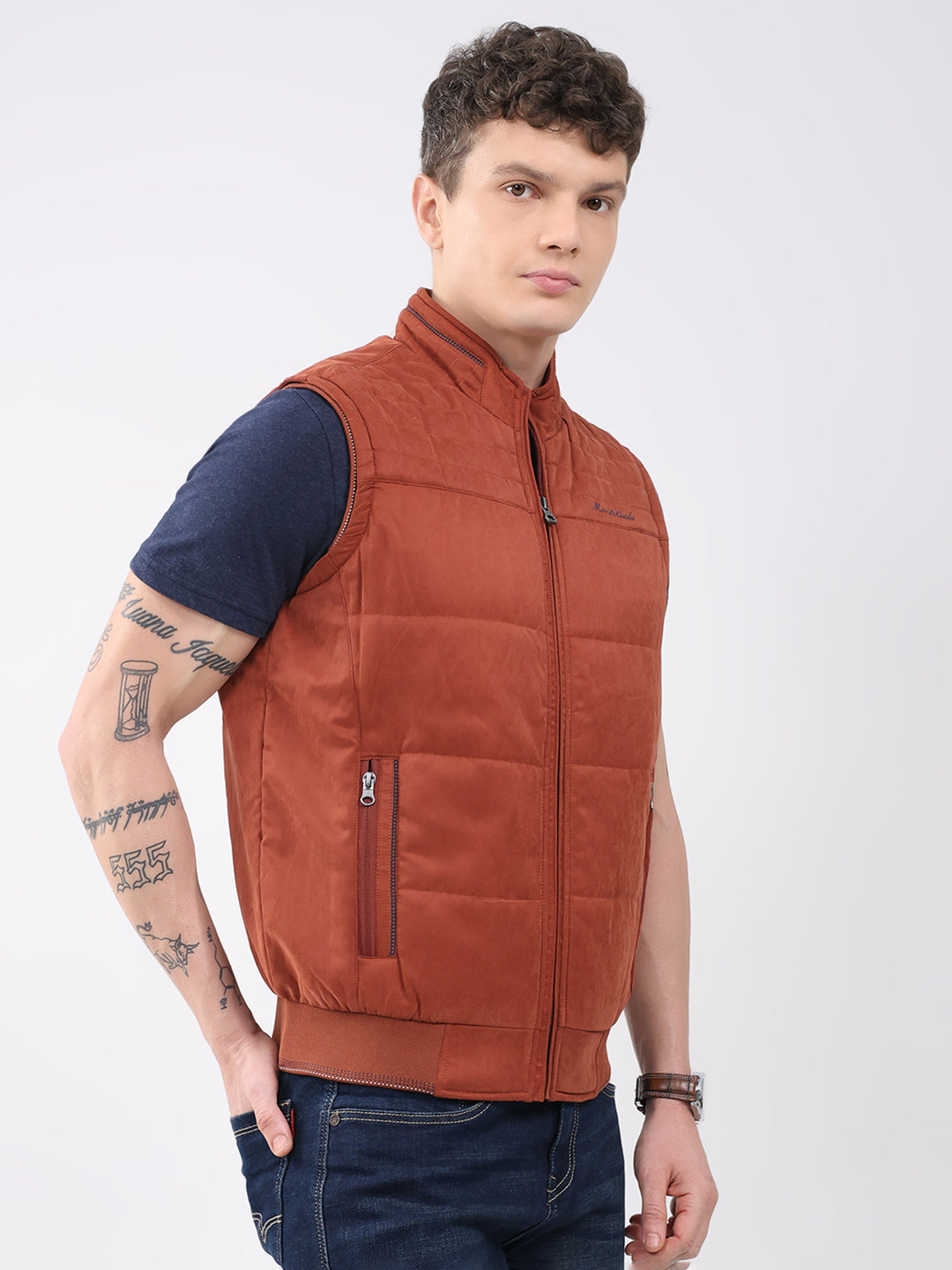 Men Rust Solid Collar Sleeveless Jacket
