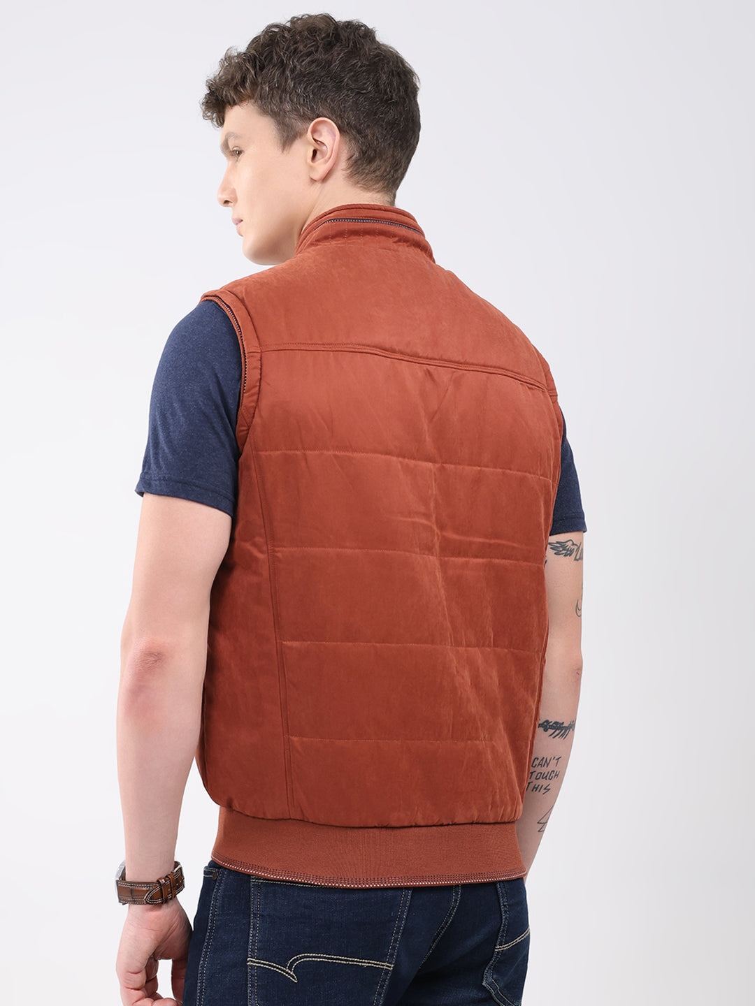 Men Rust Solid Collar Sleeveless Jacket