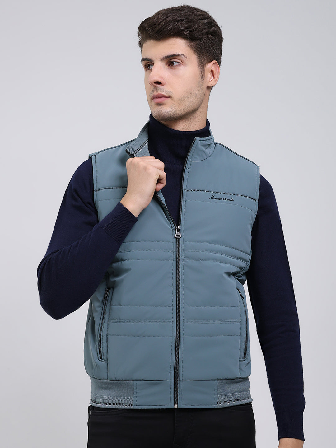 Men Grey Solid Mock Neck Sleeveless Jacket