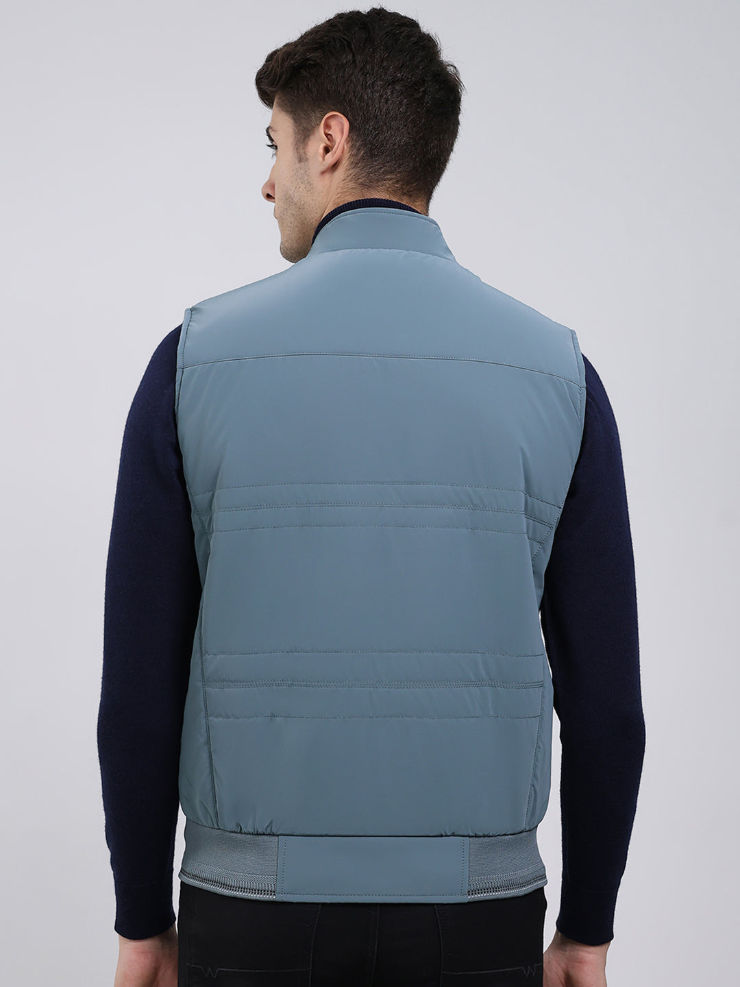 Men Grey Solid Mock Neck Sleeveless Jacket