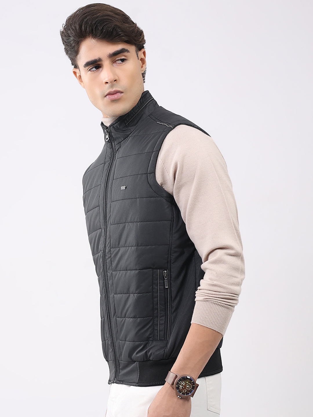 Men Black Solid Mock Neck Sleeveless Jacket