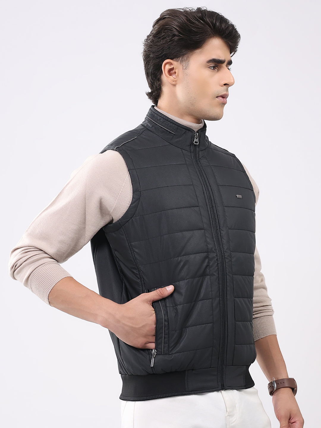 Men Black Solid Mock Neck Sleeveless Jacket