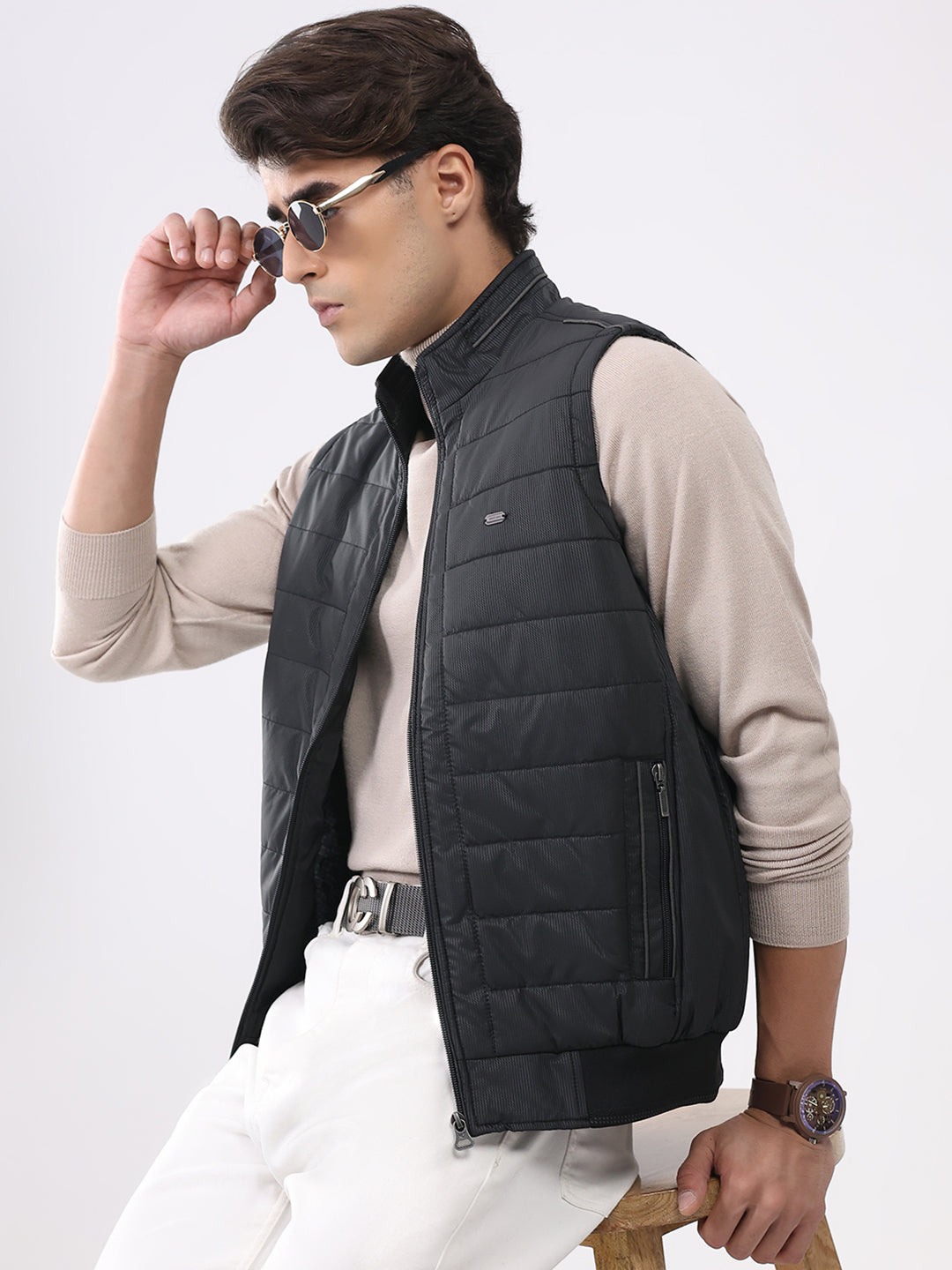 Men Black Solid Mock Neck Sleeveless Jacket