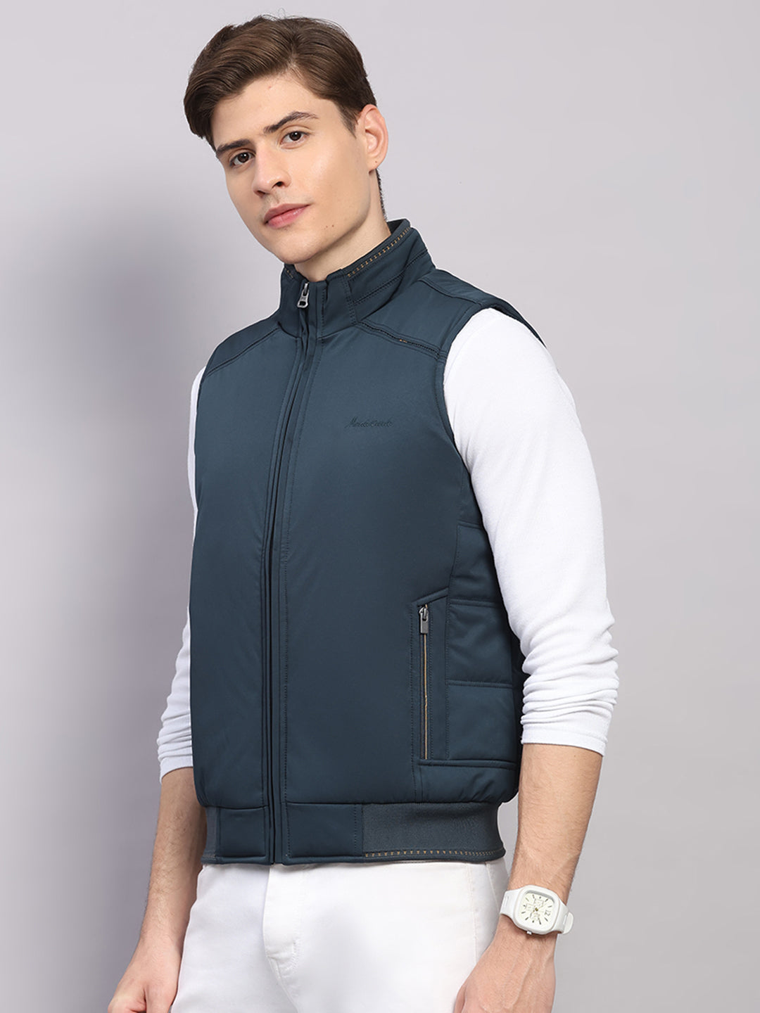 Men Teal Blue Solid Collar Sleeveless Jacket