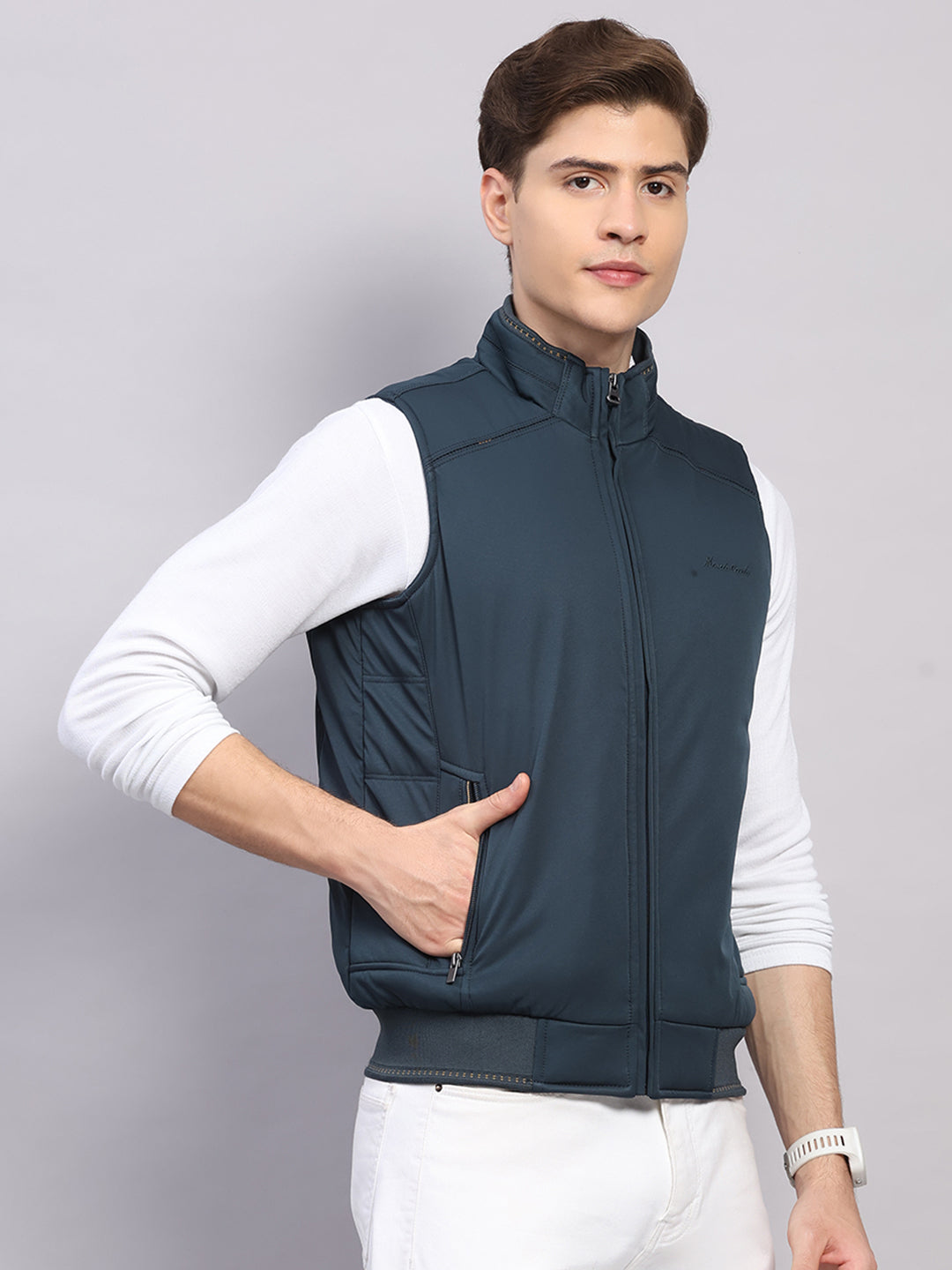 Men Teal Blue Solid Collar Sleeveless Jacket