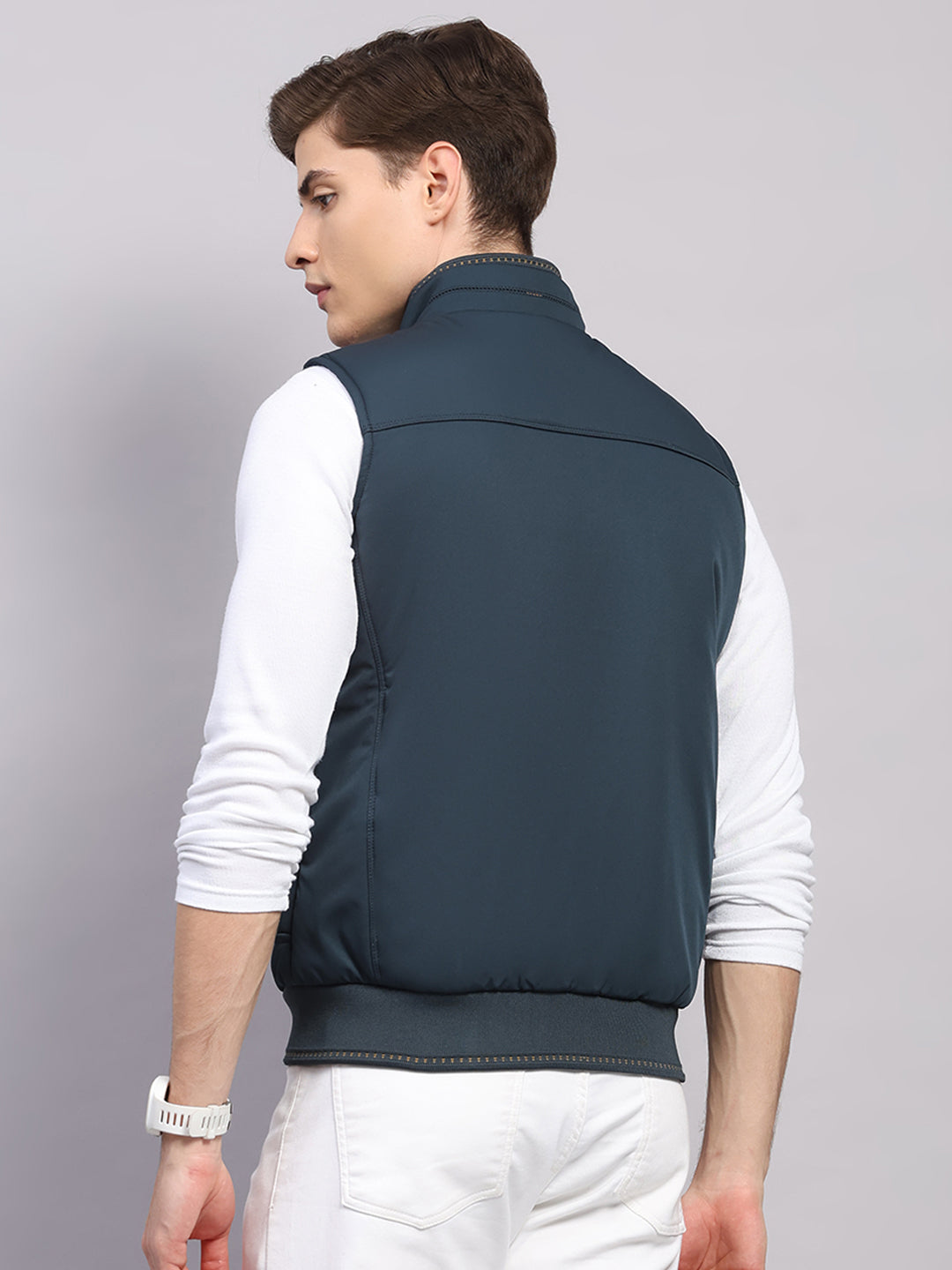 Men Teal Blue Solid Collar Sleeveless Jacket