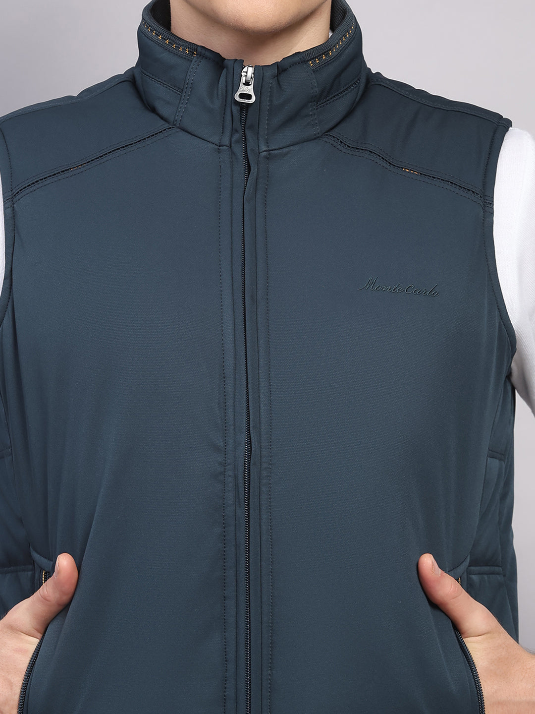 Men Teal Blue Solid Collar Sleeveless Jacket