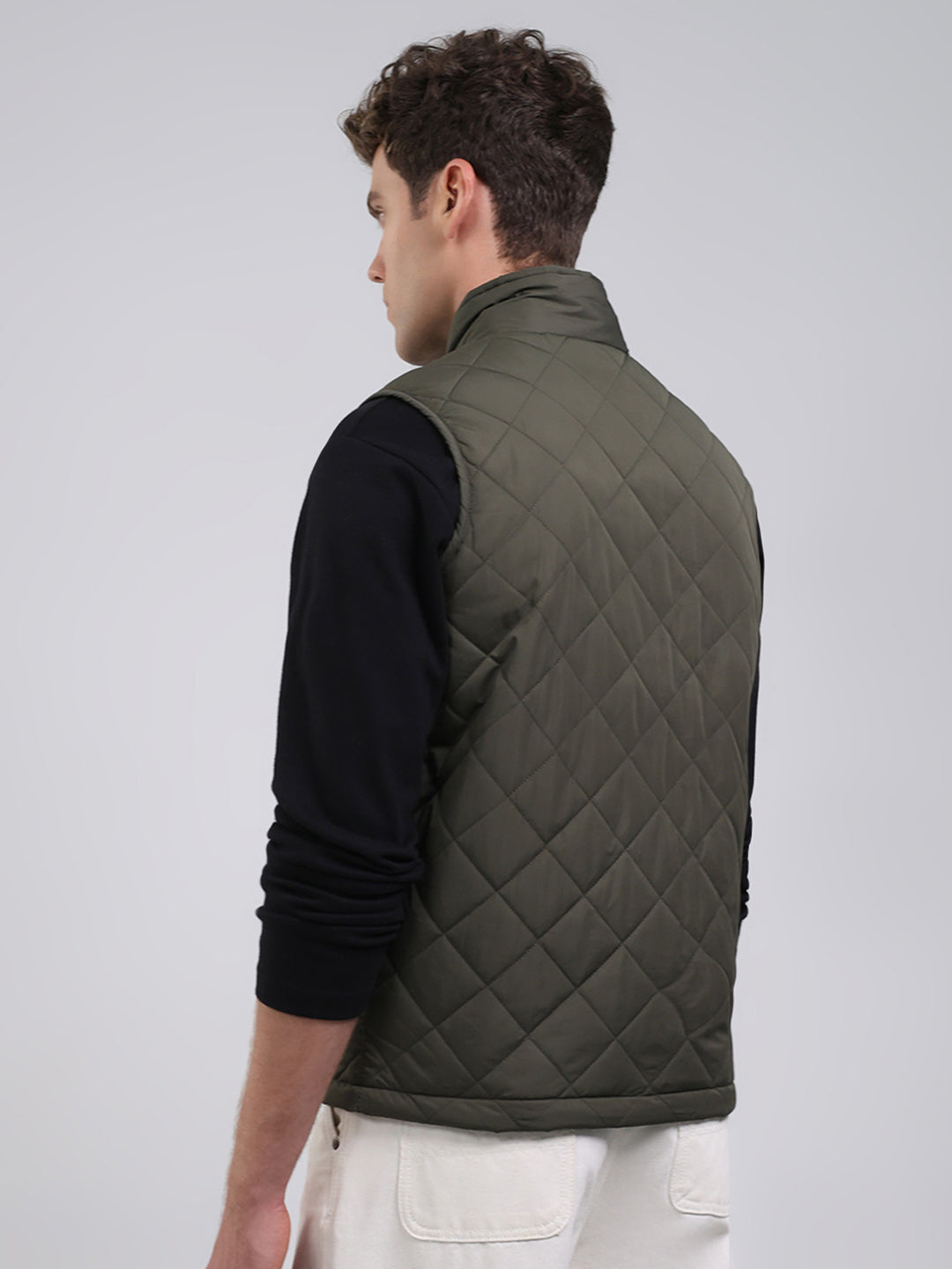 Men Green Solid Collar Sleeveless Jacket