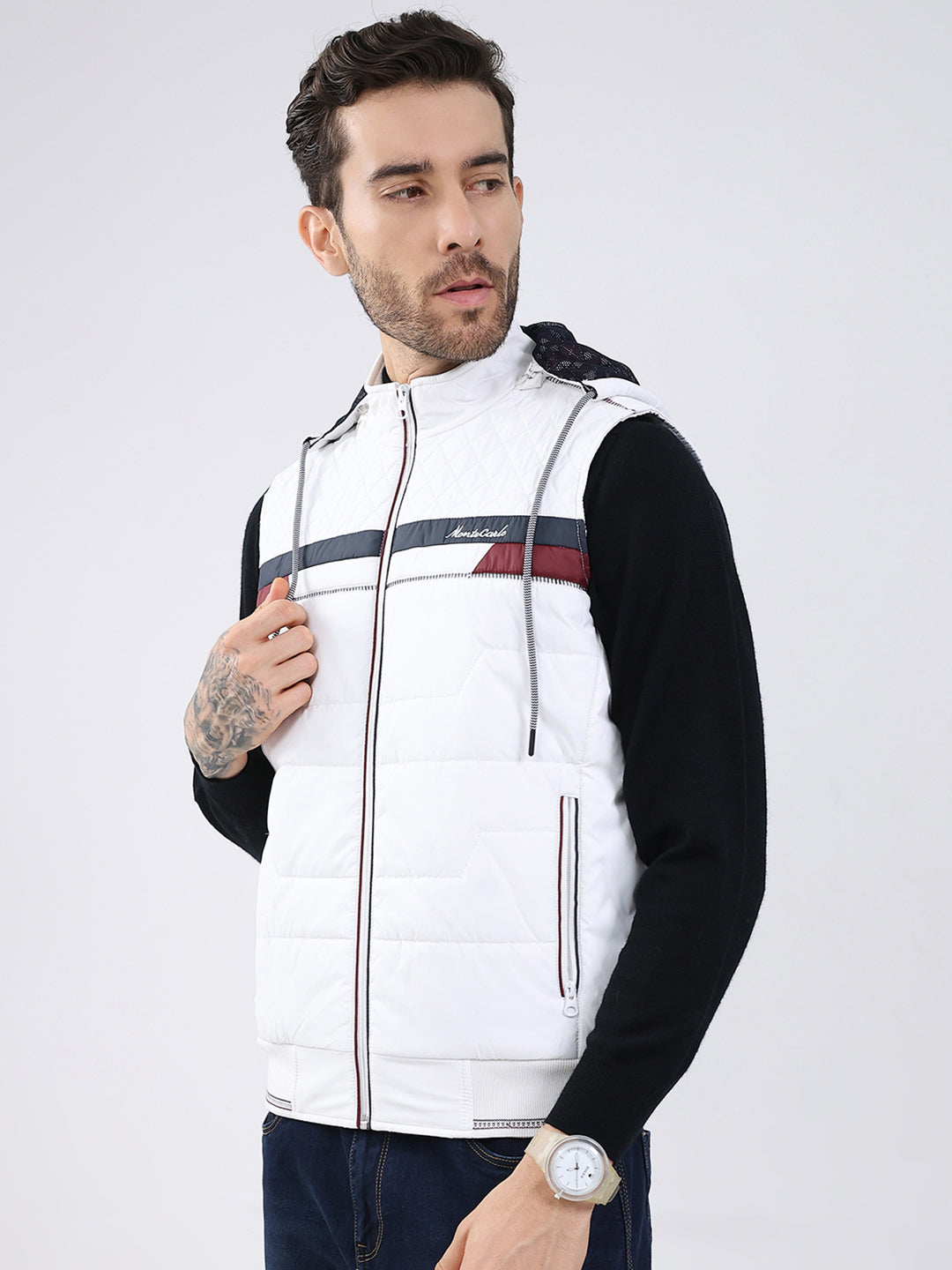 Men White Solid Detachable Hood Sleeveless Jacket