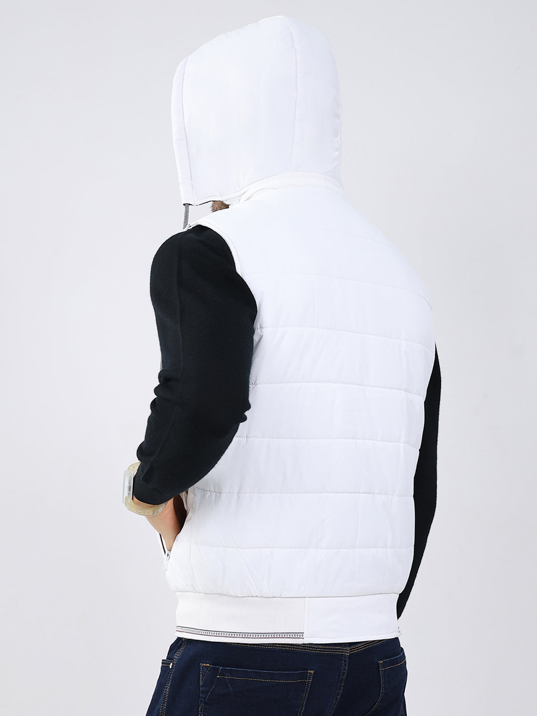 Men White Solid Detachable Hood Sleeveless Jacket