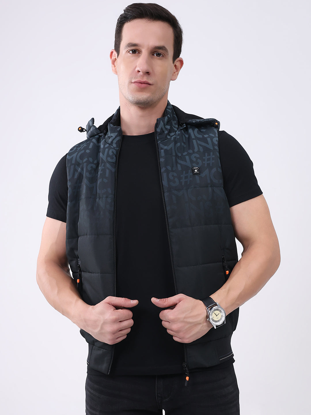 Men Black Self Design Hooded Sleeveless Jacket