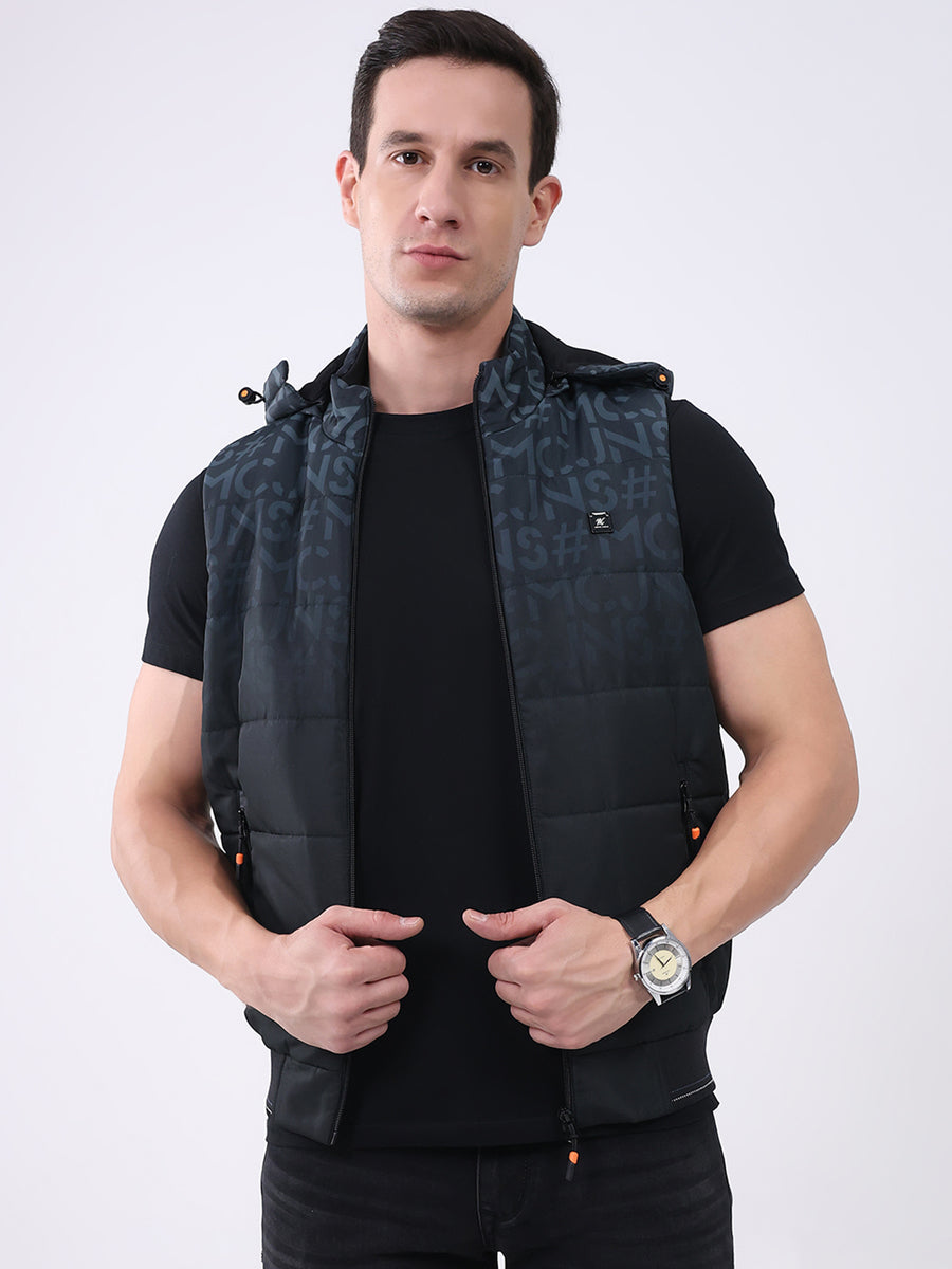 Buy Men Black Self Design Hooded Sleeveless Jacket Online in India ...