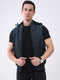 Men Black Self Design Hooded Sleeveless Jacket