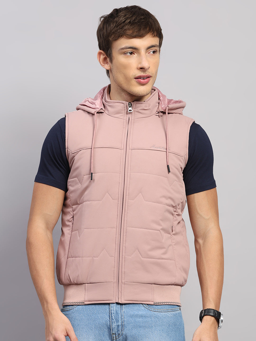Men Peach Solid Hooded Sleeveless Jacket