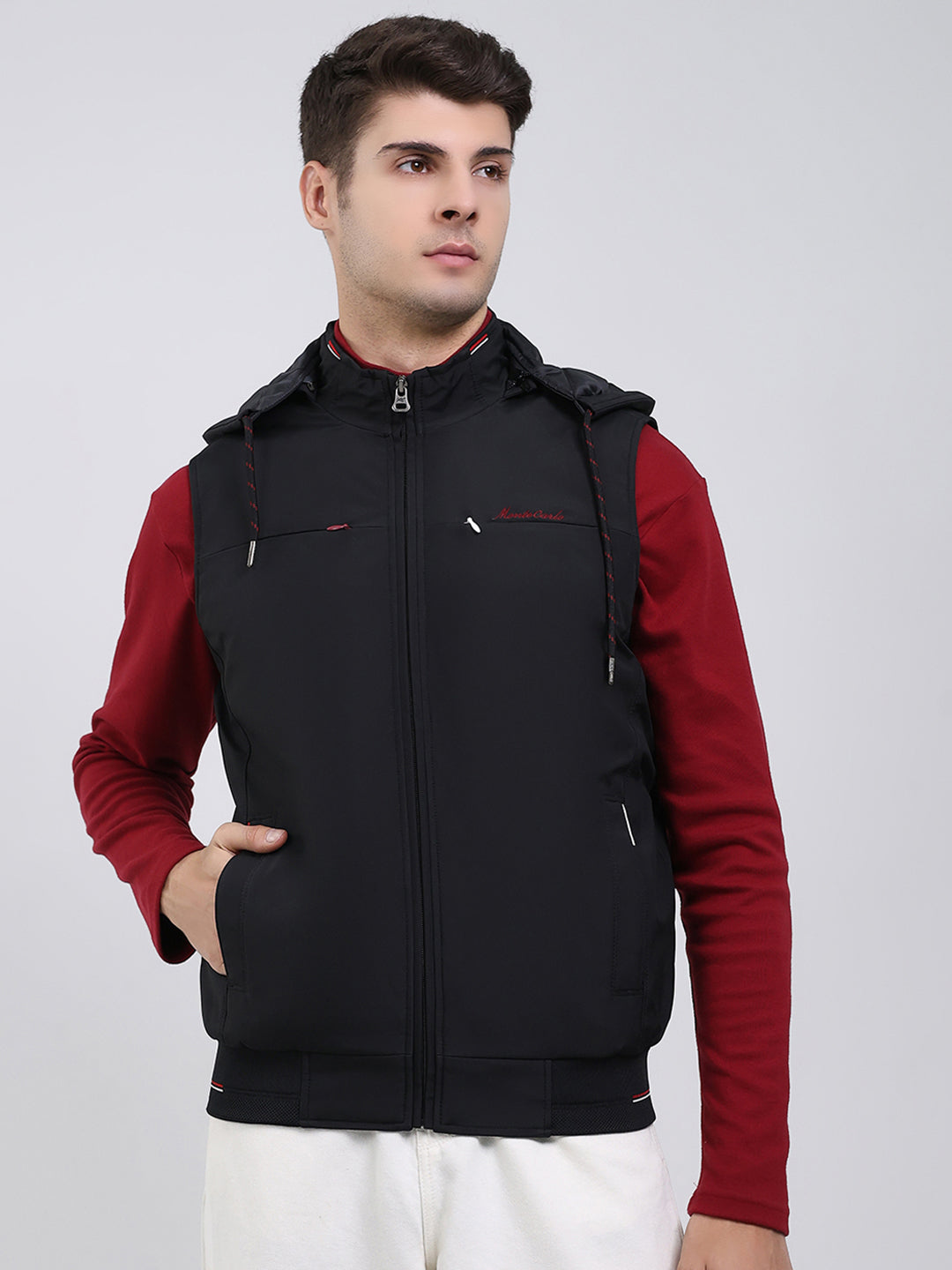 Men Black Solid Hooded Sleeveless Jacket