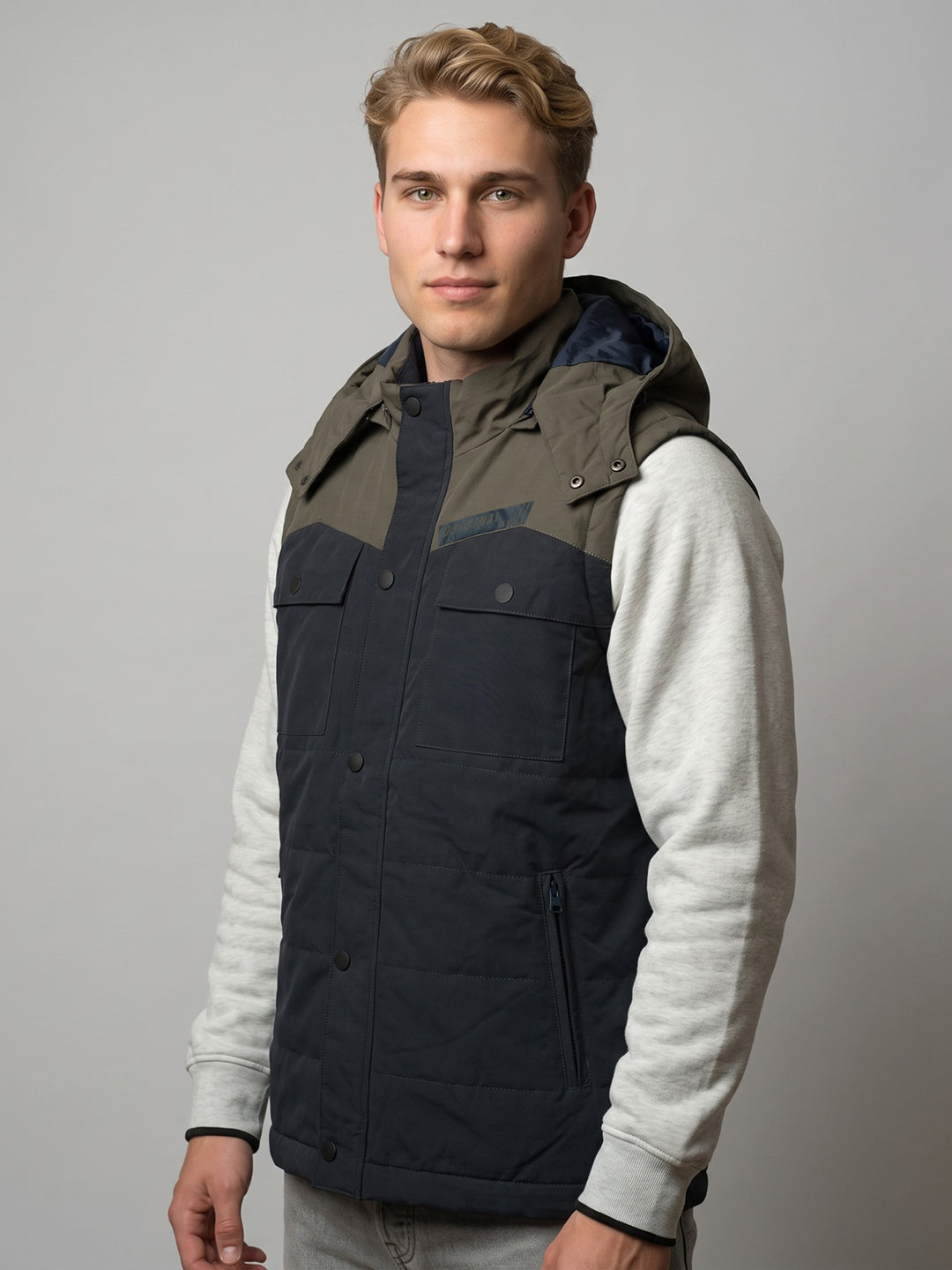 Men Navy Blue Solid Hooded Sleeveless Jacket