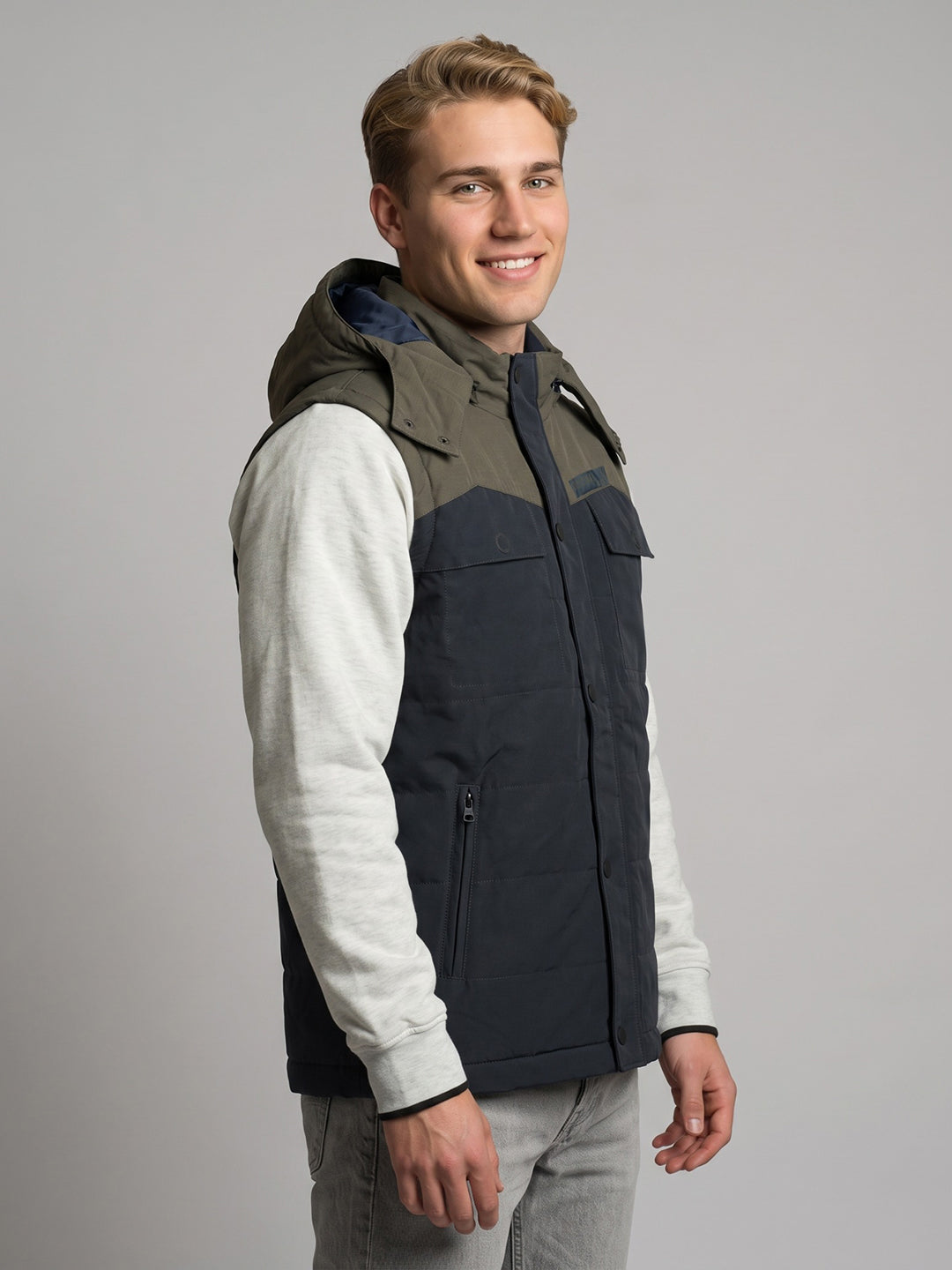 Men Navy Blue Solid Hooded Sleeveless Jacket