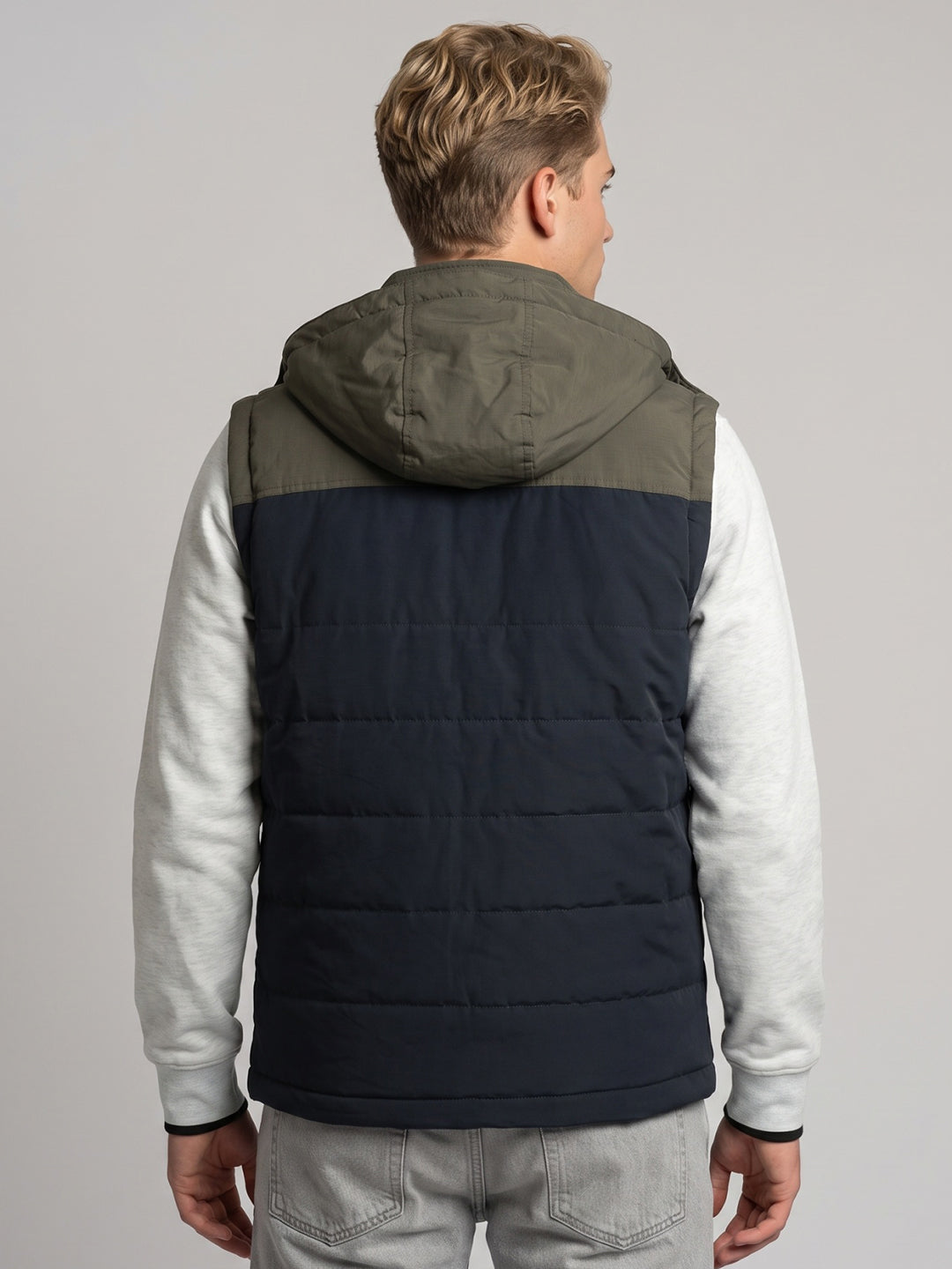 Men Navy Blue Solid Hooded Sleeveless Jacket