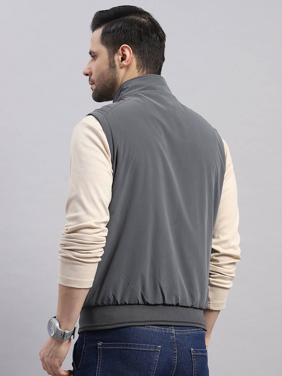 Men Grey Solid Collar Sleeveless Reversible Jacket