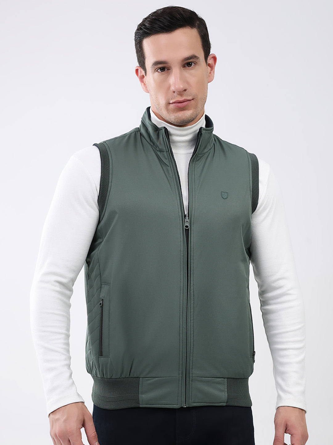 Men Green Solid Mock Neck Sleeveless Reversible Jacket