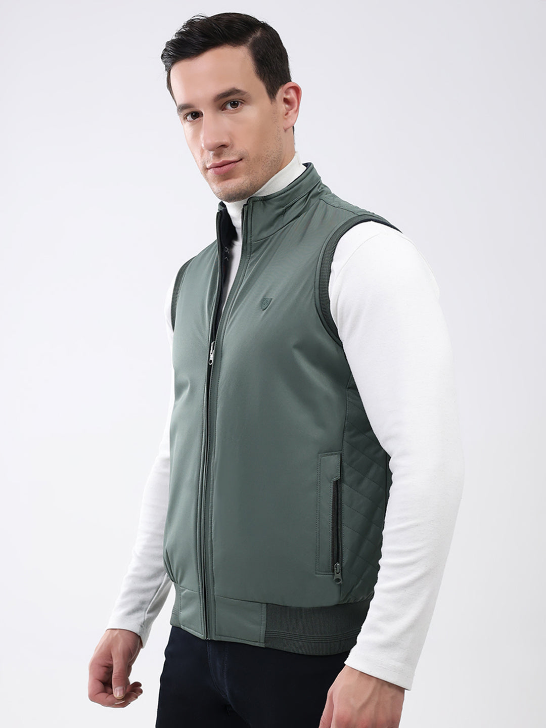 Men Green Solid Mock Neck Sleeveless Reversible Jacket