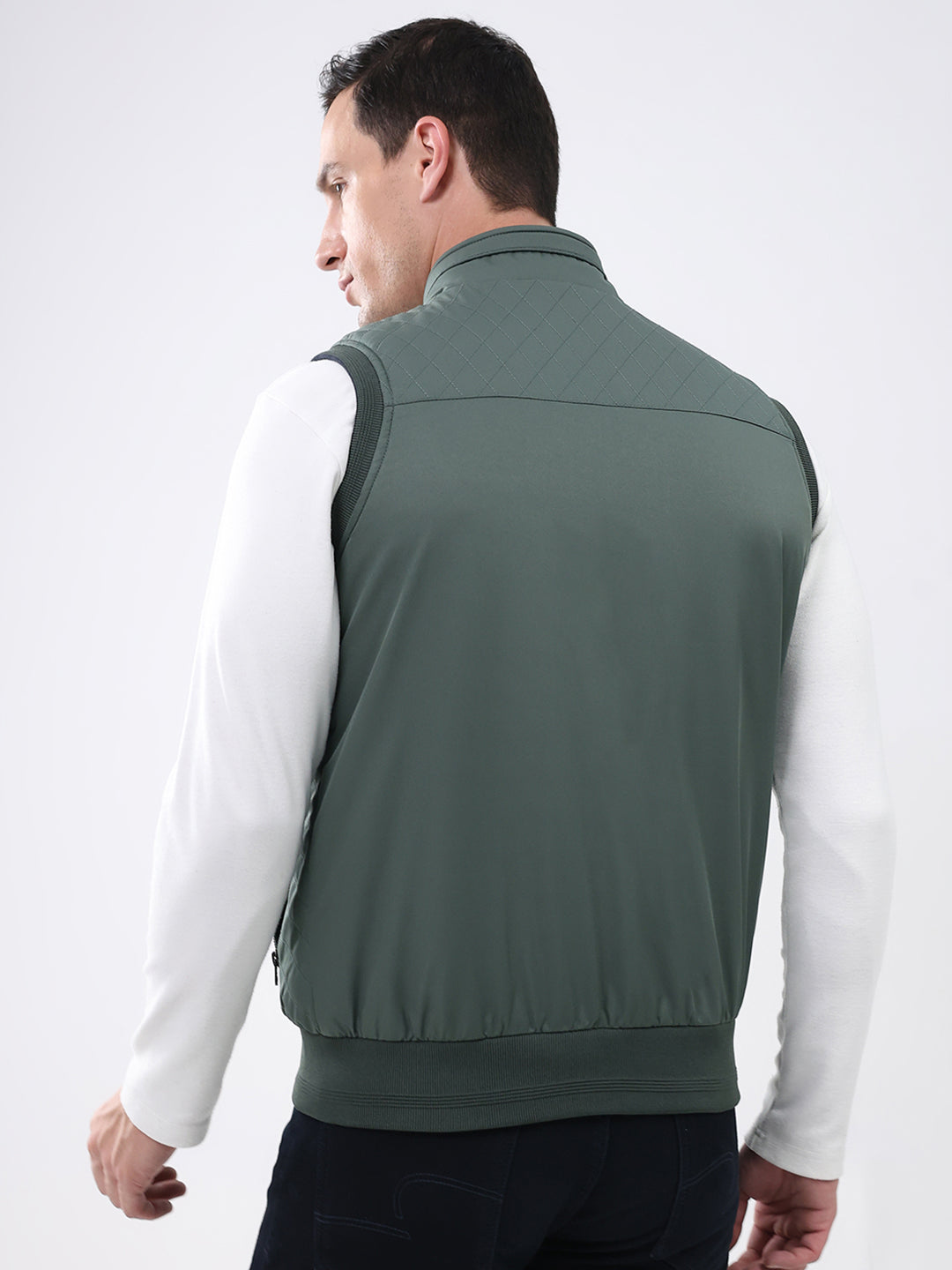Men Green Solid Mock Neck Sleeveless Reversible Jacket