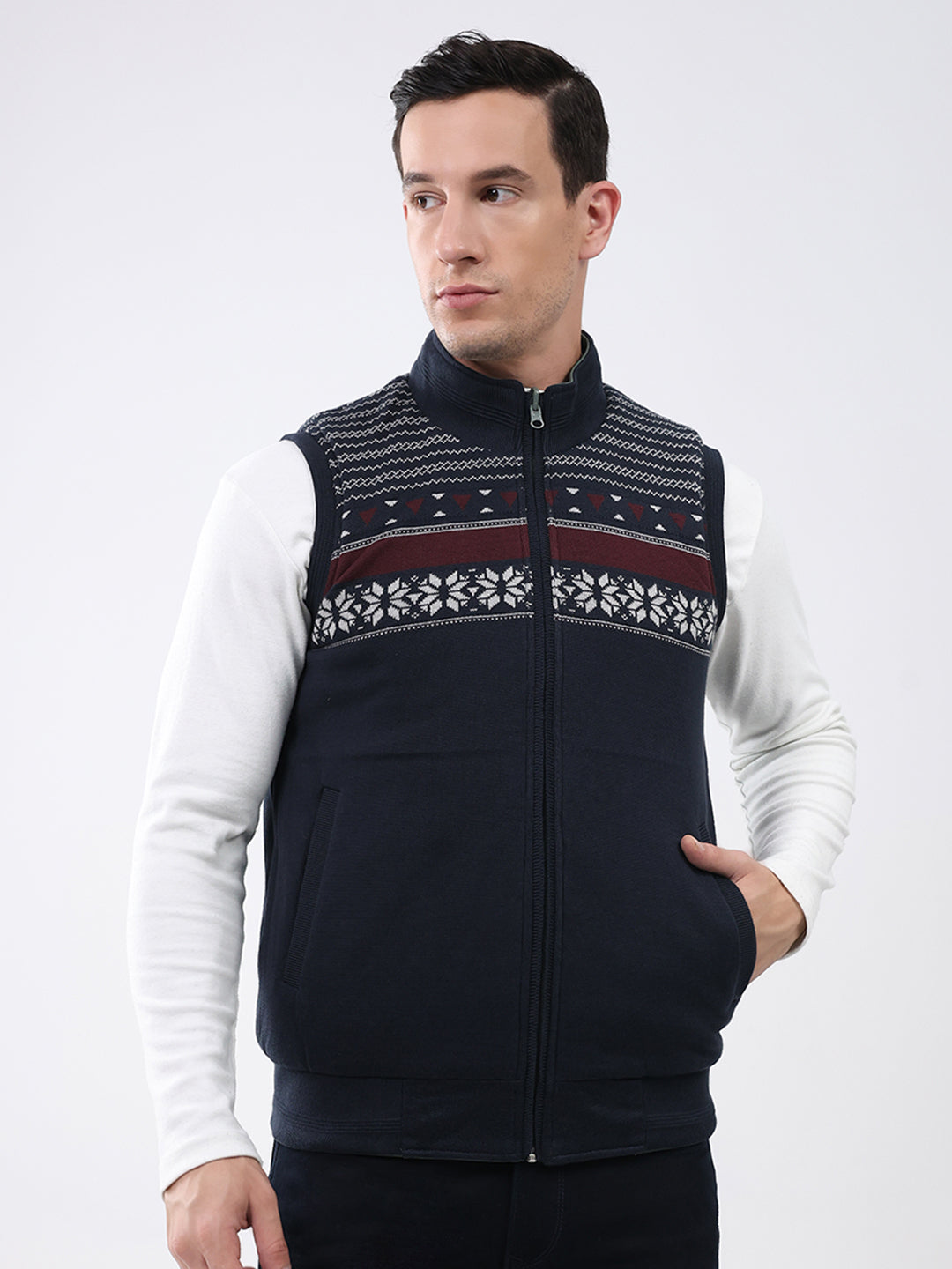 Men Green Solid Mock Neck Sleeveless Reversible Jacket