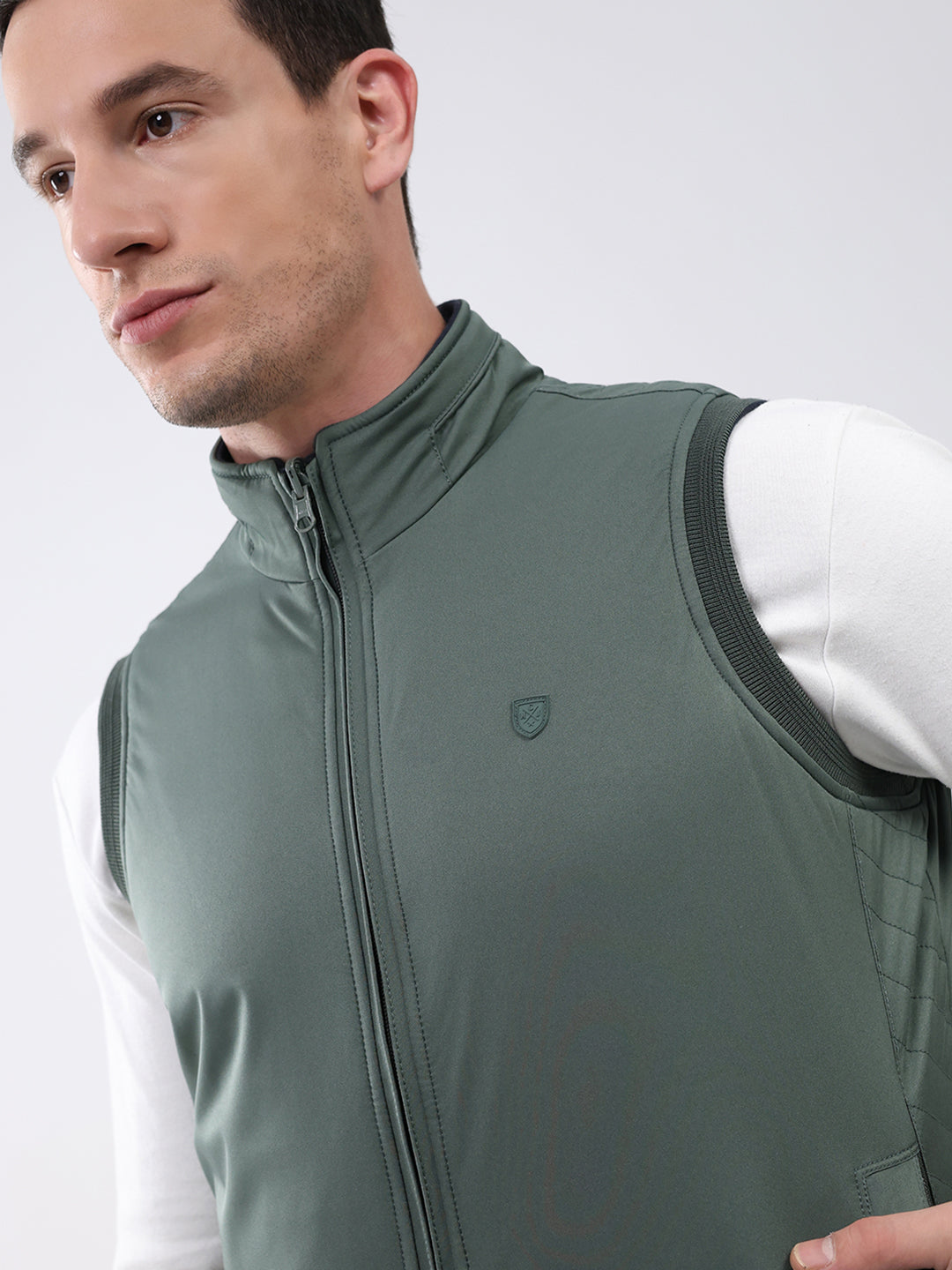 Men Green Solid Mock Neck Sleeveless Reversible Jacket