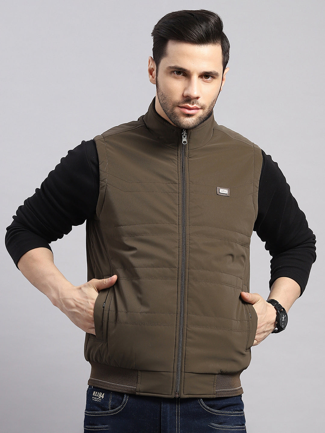 Men Brown Solid Collar Sleeveless Reversible Jacket