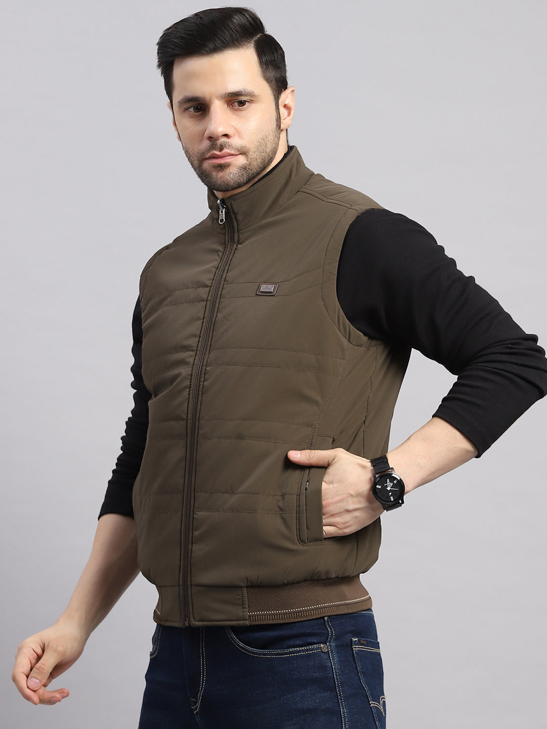 Men Brown Solid Collar Sleeveless Reversible Jacket