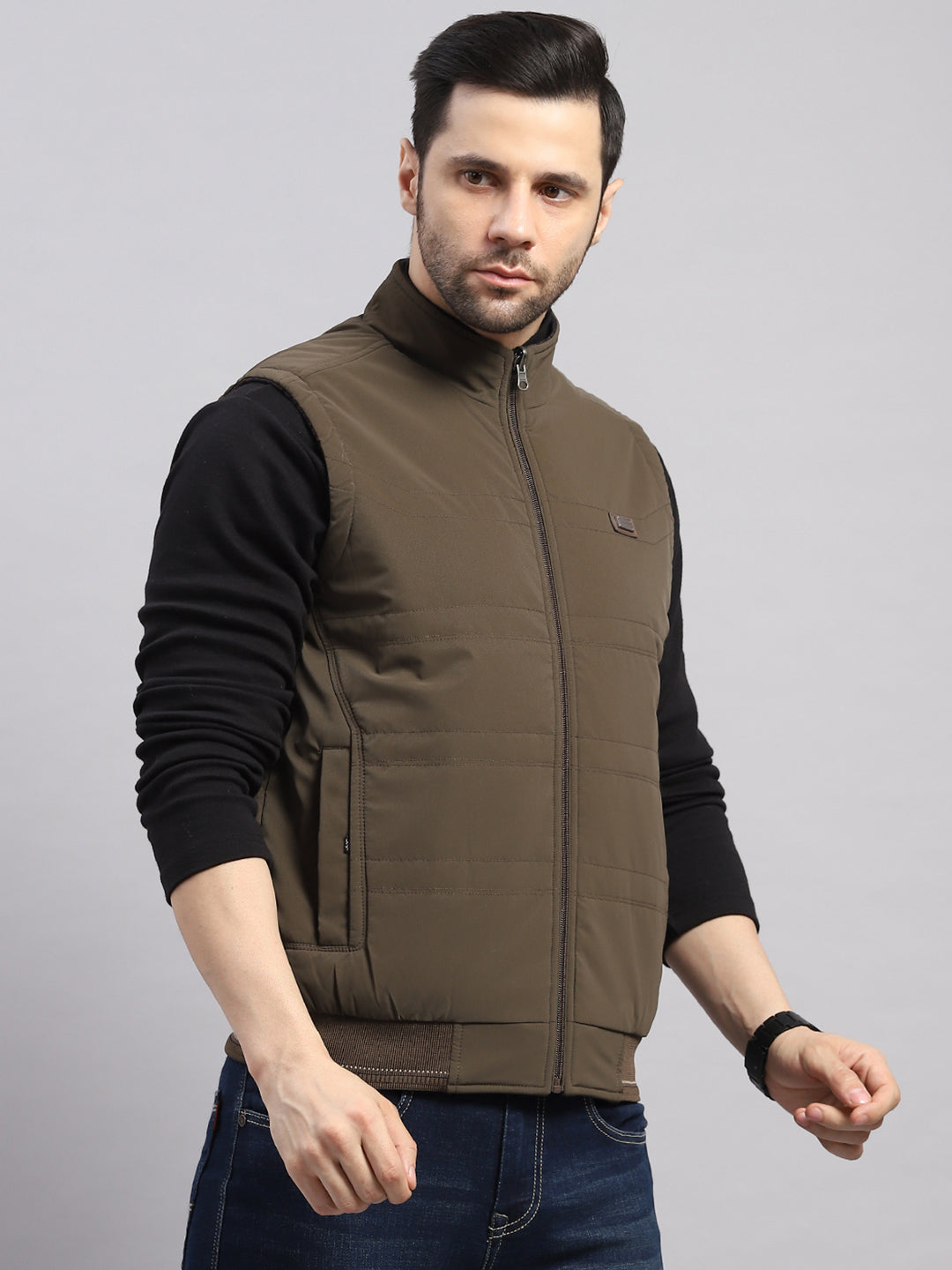Men Brown Solid Collar Sleeveless Reversible Jacket