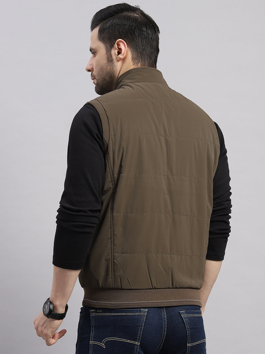 Men Brown Solid Collar Sleeveless Reversible Jacket