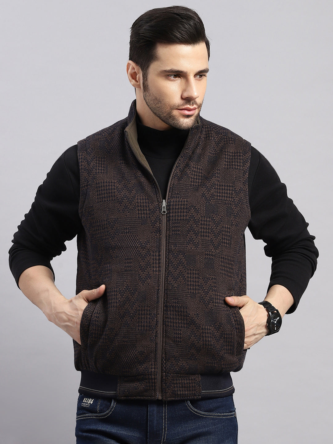 Men Brown Solid Collar Sleeveless Reversible Jacket