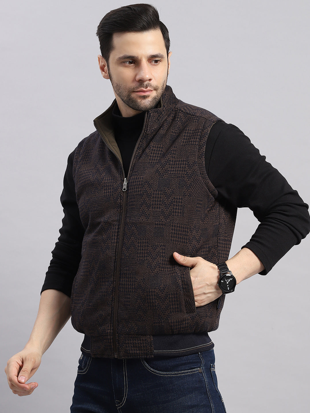 Men Brown Solid Collar Sleeveless Reversible Jacket