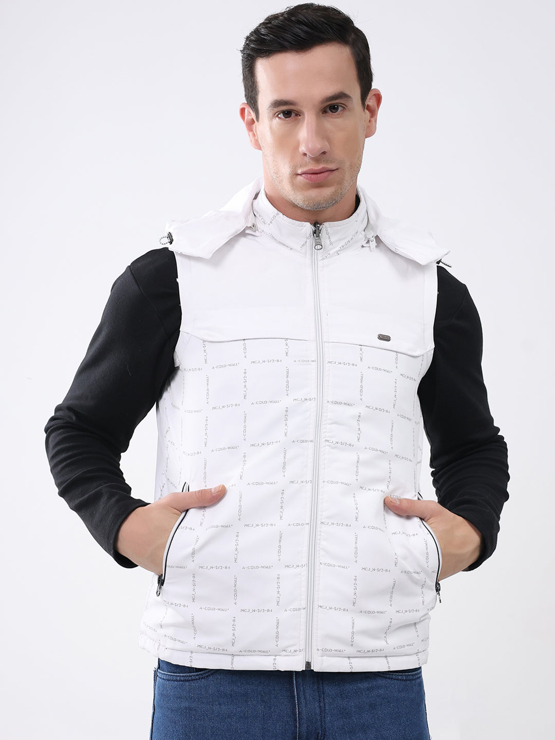 Men White Solid Detachable Hood Sleeveless Reversible Jacket