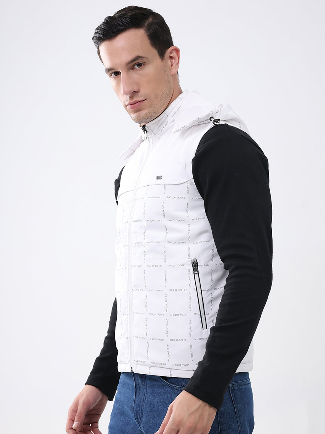 Men White Solid Detachable Hood Sleeveless Reversible Jacket
