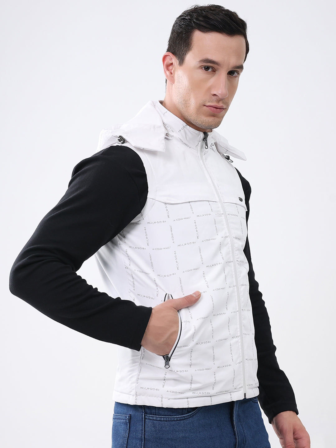 Men White Solid Detachable Hood Sleeveless Reversible Jacket
